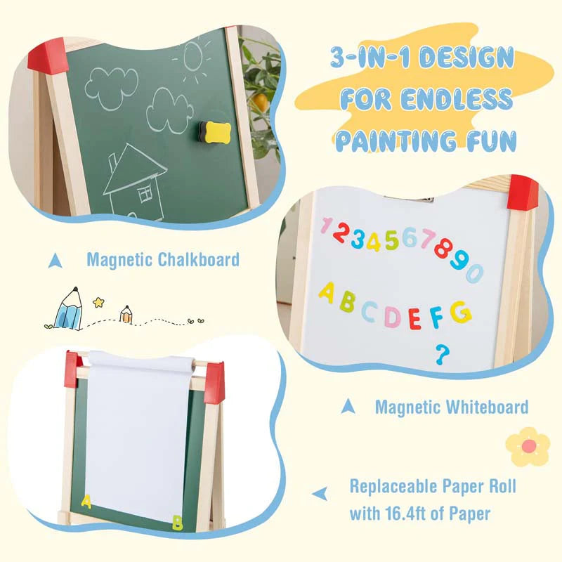 3-in-1-Staffelei für Kinder, höhenverstellbar, aus Holz, doppelseitig, für Kleinkinder, mit magnetischer Kreidetafel und Whiteboard-Papierrolle