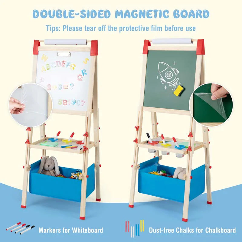 3-in-1-Staffelei für Kinder, höhenverstellbar, aus Holz, doppelseitig, für Kleinkinder, mit magnetischer Kreidetafel und Whiteboard-Papierrolle