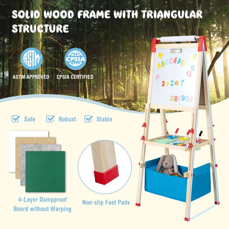 3-in-1-Staffelei für Kinder, höhenverstellbar, aus Holz, doppelseitig, für Kleinkinder, mit magnetischer Kreidetafel und Whiteboard-Papierrolle