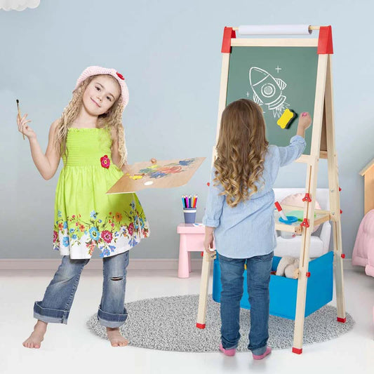 3-in-1-Staffelei für Kinder, höhenverstellbar, aus Holz, doppelseitig, für Kleinkinder, mit magnetischer Kreidetafel und Whiteboard-Papierrolle