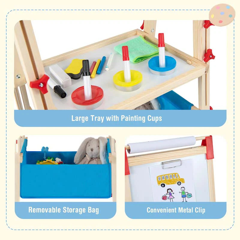 3-in-1-Staffelei für Kinder, höhenverstellbar, aus Holz, doppelseitig, für Kleinkinder, mit magnetischer Kreidetafel und Whiteboard-Papierrolle