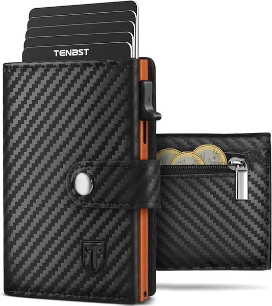 TENBST Herren Geldbörse mit Münzfach & RFID Schutz, Slim Wallet Kartenetui Klein, Männer Portemonnaie 10 Fächer für Kreditkarten, Schwarz Orange, Klassisch