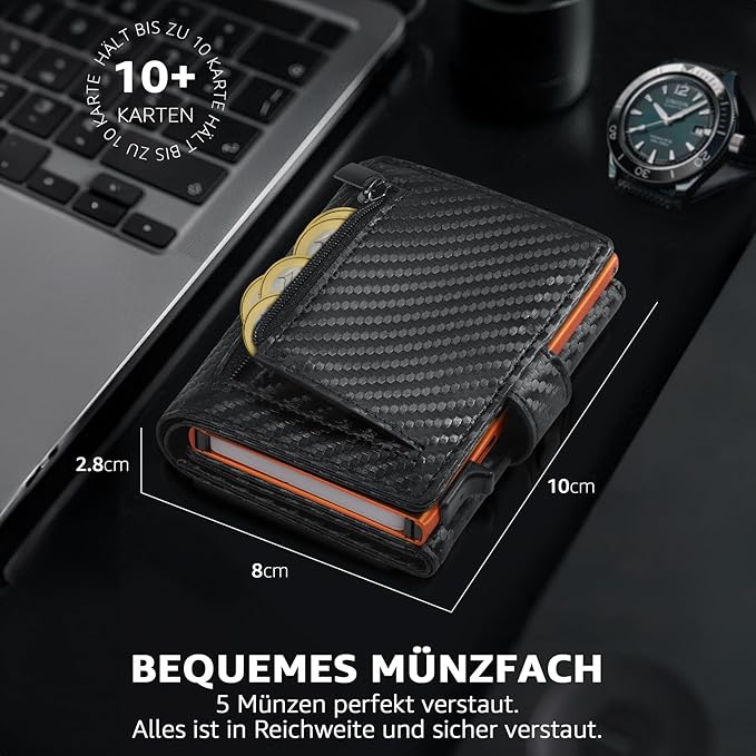 TENBST Herren Geldbörse mit Münzfach & RFID Schutz, Slim Wallet Kartenetui Klein, Männer Portemonnaie 10 Fächer für Kreditkarten, Schwarz Orange, Klassisch