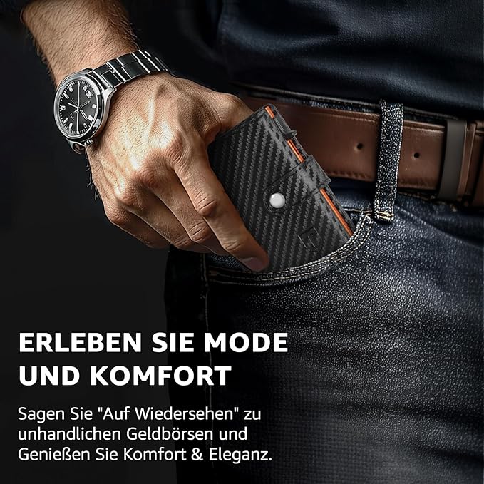 TENBST Herren Geldbörse mit Münzfach & RFID Schutz, Slim Wallet Kartenetui Klein, Männer Portemonnaie 10 Fächer für Kreditkarten, Schwarz Orange, Klassisch
