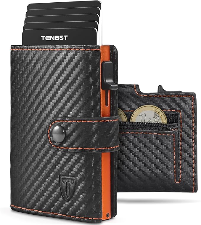 TENBST Herren Geldbörse mit Münzfach & RFID Schutz, Slim Wallet Kartenetui Klein, Männer Portemonnaie 10 Fächer für Kreditkarten, Schwarz Orange, Klassisch