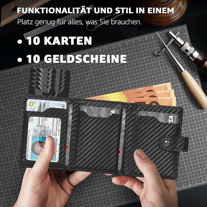 TENBST Herren Geldbörse mit Münzfach & RFID Schutz, Slim Wallet Kartenetui Klein, Männer Portemonnaie 10 Fächer für Kreditkarten, Schwarz Orange, Klassisch