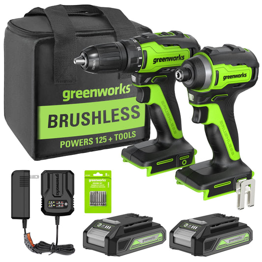 Greenworks 24V Brushless Cordless Drill Impact Driver Combo kit, 1/2u201dDrill & 1/4u201dHex Impact Driver Power Tool Kit, Included 2 Batteries, 1 Charger, 8 pcs Bit Set & Bag