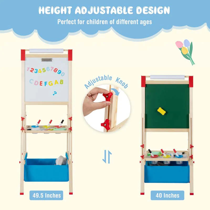 3-in-1-Staffelei für Kinder, höhenverstellbar, aus Holz, doppelseitig, für Kleinkinder, mit magnetischer Kreidetafel und Whiteboard-Papierrolle