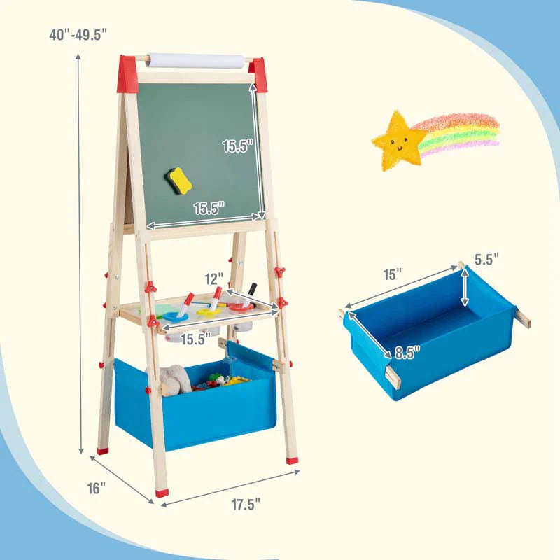 3-in-1-Staffelei für Kinder, höhenverstellbar, aus Holz, doppelseitig, für Kleinkinder, mit magnetischer Kreidetafel und Whiteboard-Papierrolle