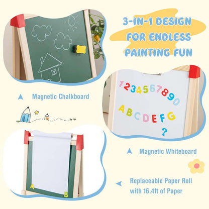 3-in-1-Staffelei für Kinder, höhenverstellbar, aus Holz, doppelseitig, für Kleinkinder, mit magnetischer Kreidetafel und Whiteboard-Papierrolle