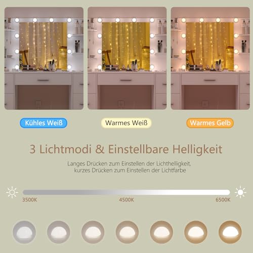 usikey Große Schminktisch mit verstellbaren LED Beleuchtung und Steckdosen, Spiegel, 7 Schubladen, 4 offenen Ablagen 5 Schmuckhaken für das Schlafzimmer, Weiß : Küche, Haushalt &amp Wohnen