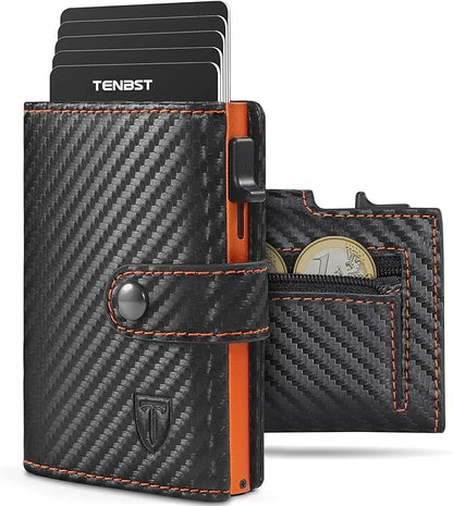 TENBST Herren Geldbörse mit Münzfach & RFID Schutz, Slim Wallet Kartenetui Klein, Männer Portemonnaie 10 Fächer für Kreditkarten, Schwarz Orange, Klassisch