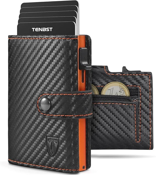 TENBST Herren Geldbörse mit Münzfach & RFID Schutz, Slim Wallet Kartenetui Klein, Männer Portemonnaie 10 Fächer für Kreditkarten, Schwarz Orange, Klassisch