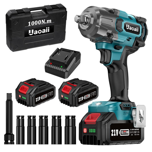 Uaoaii 1000Nm(738ft-lbs) Cordless Impact Wrench High Torque, 1/2 Power Battery Impact Gun w/ 2x 4.0Ah Battery, Fast Charger, 5 Sockets, Storage Tool Box &amp; Variable Speeds for Car Tire Truck RV Mower