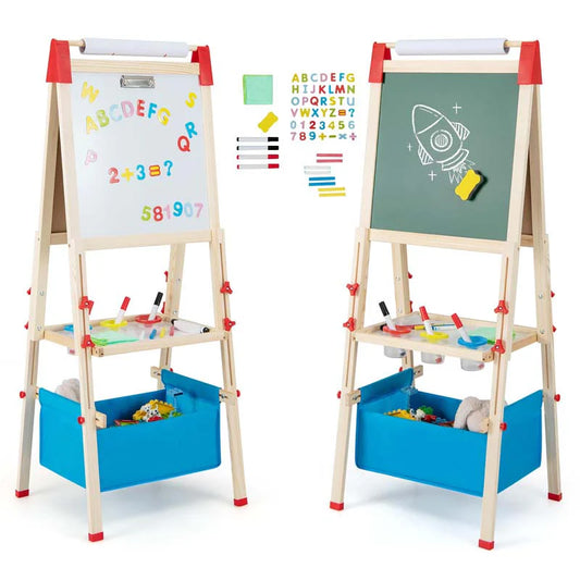 3-in-1-Staffelei für Kinder, höhenverstellbar, aus Holz, doppelseitig, für Kleinkinder, mit magnetischer Kreidetafel und Whiteboard-Papierrolle